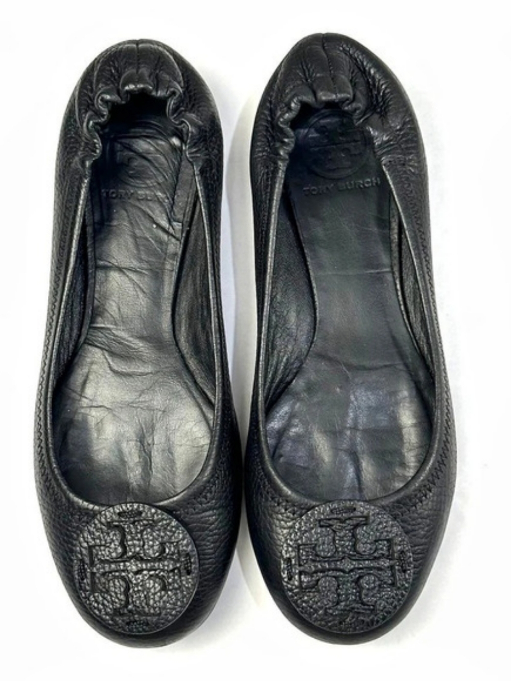 Tory Burch Black Pebbled Leather Ballet Flats Women's Size 7.5 M Logo Medallion